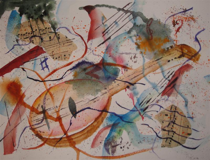  mandoline:aquarelle semi abstraite sur la musique